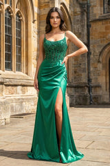 Green Sheer Appliques Satin Mermaid Long Prom Dress