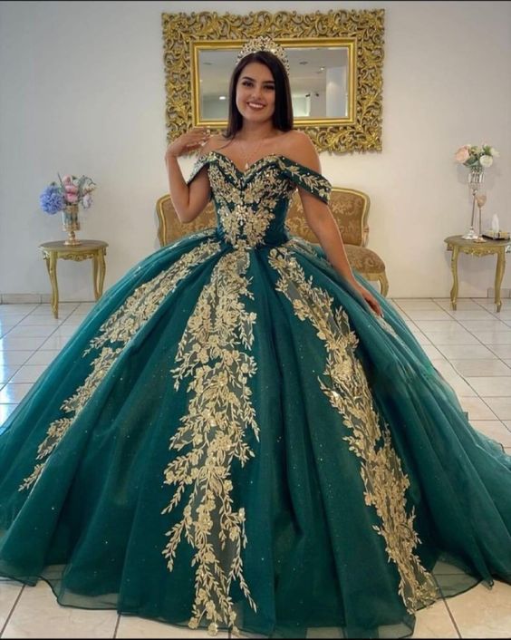 Ball Gown Organza Off-the-Shoulder Dark Green Quinceanera Dress