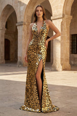 Sparkly Halter Mermaid Sequins Prom Dress With Split