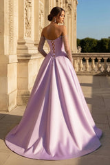 A-Line Lilac Sweetheart Satin Long Corset Prom Dress with Slit (Gloves are not Included)