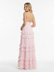 A Line Pink Chiffon Tiered Ruffles Long Prom Dress