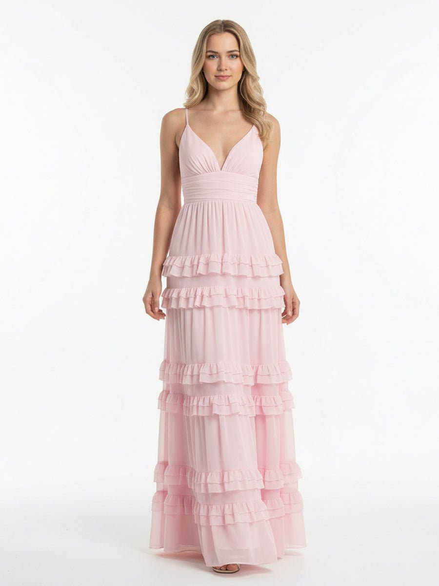 A Line Pink Chiffon Tiered Ruffles Long Prom Dress