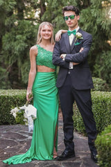 Green - One Shoulder Sheath Lace Appliqued Prom Dresses With Cutout