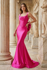 Fuchsia Straps Satin Mermaid Formal Gown with Bow