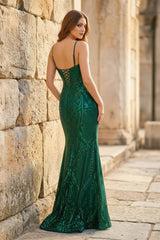 Charming Mermaid V Neck Green Sequins Lace Long Prom Dress with Lace-up