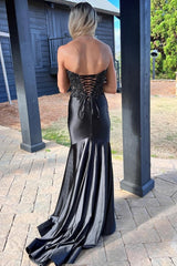 Mermaid Sweetheart Lace Satin Black Prom Dress with Slit