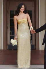 Gold - Strapless Mermaid Sequined Pleated Long Prom Dresses With Pearls