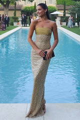 Gold - Strapless Mermaid Sequined Pleated Long Prom Dresses With Pearls