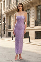 Lilac - Strapless Mermaid Sequined Pleated Long Prom Dresses With Pearls