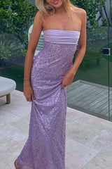 Lilac - Strapless Mermaid Sequined Pleated Long Prom Dresses With Pearls