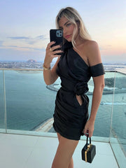 Black - Sheath One Shoulder Pleated Short Homecoming Dresses With Flowers