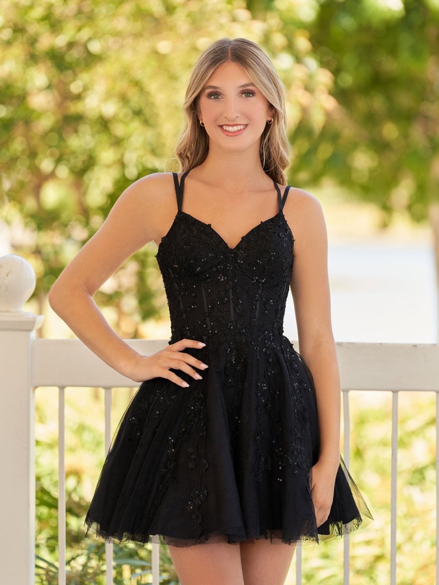 A-Line Lace Spaghetti-Straps Black short Homecoming Dress