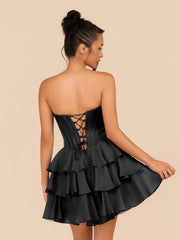Black – Strapless A-Line Homecoming Dress with Ruffles and Beading