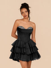 Black – Strapless A-Line Homecoming Dress with Ruffles and Beading