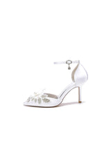 Elegant Ankle Strap White Wedding Shoes With Rhinestone Flower