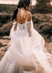 Elegant Flowy Tulle Off the Shoulder Long Sleeve Boho Wedding Bridal Gowns