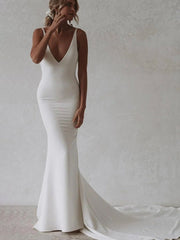 Elegant Mermaid V-Neck Elastic Satin Long Wedding Dresses
