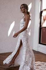 Elegant Mermaid V Neck Lace Boho Wedding Dresses with Slit