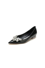 Elegant Black Pointed-Toe Flats with a Crystal Ornament