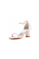 Elegant Pearl Ribbon Tie Satin Open Toe Ankle Strap Block High Heels