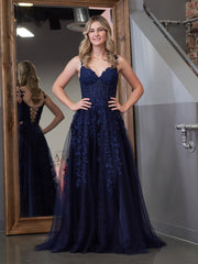 A-line V Neck Lace Tulle Prom Dress With Slit