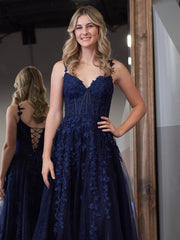 A-line V Neck Lace Tulle Prom Dress With Slit