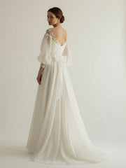 Elegant Simple Beach A-Line Lace Organza Floor Zipper Low-V BackWedding Dress with Sheer Sleeve