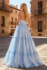 Cute A Line V Neck Light Blue Glitter Organza Satin Prom Dress