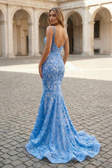 Gorgeous Mermaid Scoop Neck Blue Lace Prom Dress
