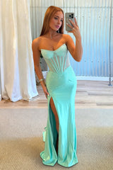 Aqua - Mermaid Scoop Neck Satin Beaded Long Formal Prom Dresses With Slit