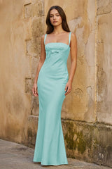 Yellow Square Neck Mermaid Satin Long Prom Dresses With Bowknot