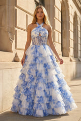 Blue Halter A Line Floral Chiffon Formal Prom Dresses With Ruffles