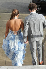 Blue Halter A Line Floral Chiffon Formal Prom Dresses With Ruffles