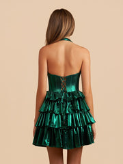Emerald - Halter A Line Metallic Ruffles Homecoming Dresses With Bow