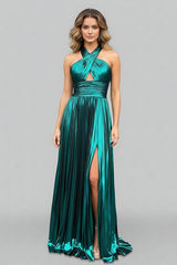 Peacock Blue Halter Neck A-Line Long Prom Dress With Split