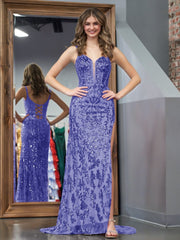 Purple Sheath Sequins Long Prom Dress with Slit