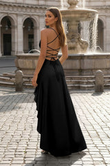 Black - Spaghetti Straps Sheath Satin High Low Prom Dresses With Ruffles