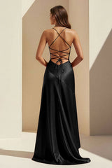 Black - Spaghetti Straps Sheath Satin High Low Prom Dresses With Ruffles
