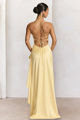Yellow - Spaghetti Straps Sheath Satin High Low Prom Dresses With Ruffles