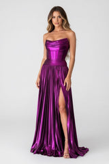 A Line Strapless Purple Pleated Metallic Long Prom Dress with Slit