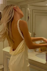 Yellow Sheath Spaghetti Straps Satin Long Prom Dresses With Pearls