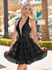 Black - Halter Lace and Chiffon Ruffle Homecoming Dress