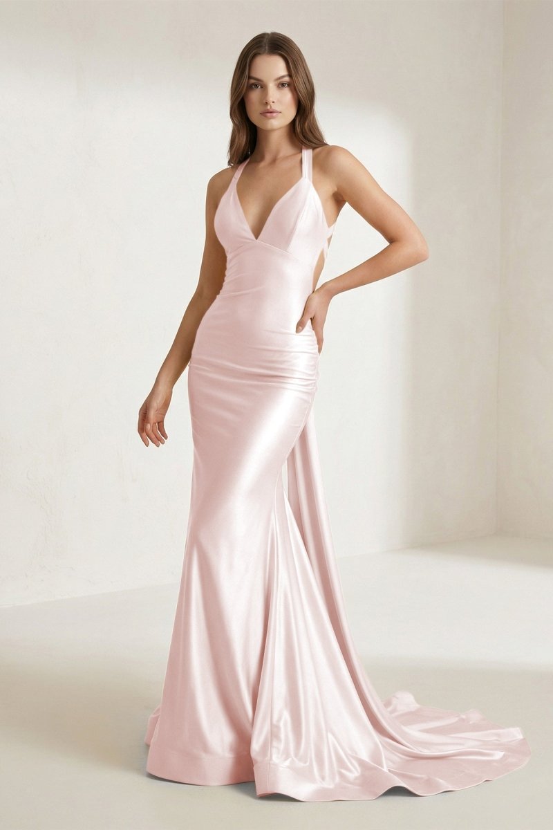 Pink V Neck Satin Mermaid Open Back Long Formal Prom Dresses