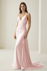 Pink V Neck Satin Mermaid Open Back Long Formal Prom Dresses