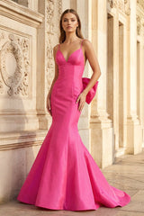 Hot Pink V-Neck Bow-Back Trumpet Long Gown