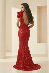Red One Shoulder Mermaid Sequins Long Formal Prom Dresses With Flower