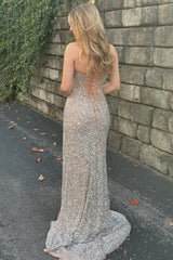 Champagne Sequin Beaded Strapless Long Prom Dress with Slit