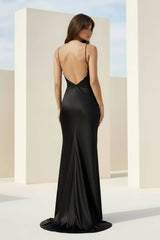Black Spaghetti Straps Mermaid Satin Backless Prom Dresses With Beading