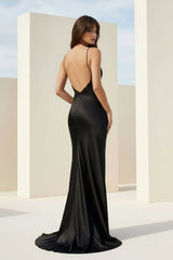 Black Spaghetti Straps Mermaid Satin Backless Prom Dresses With Beading