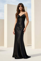 Black Spaghetti Straps Mermaid Satin Backless Prom Dresses With Beading